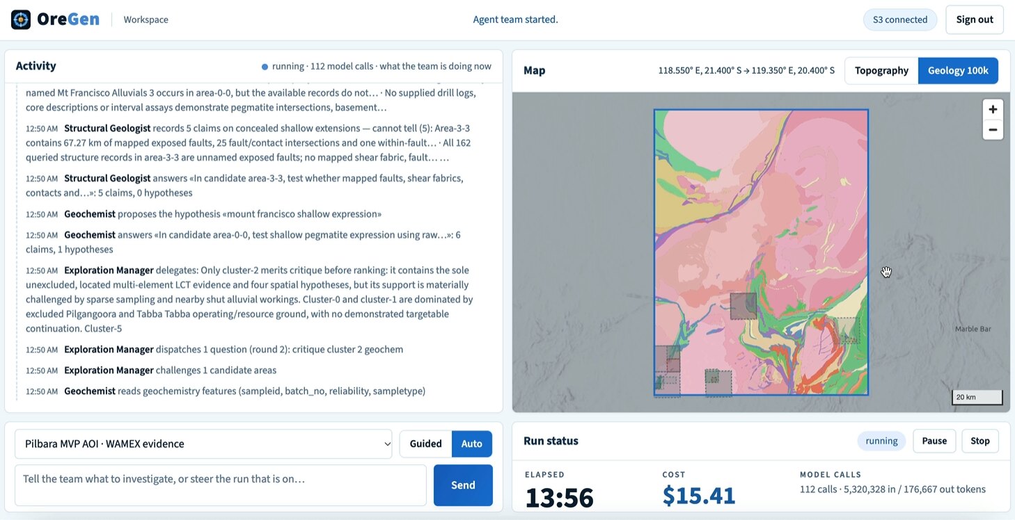 The OreGen workspace during a live run: the agents' activity feed beside the area of interest over 1:100k geology